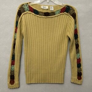 VTG Sweater Women's S Rib Knit Floral Crochet Long Sleeve Cottagecore 1970s